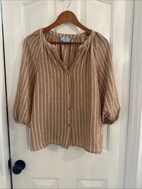 CeCe Tan & White Striped Button-Front Blouse